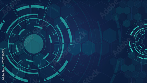 Abstract futuristic background featuring circular digital interface with hexagon pattern on dark blue surface, perfect for technology, innovation, data and cyber themes.