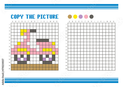 Copy the picture grid drawing worksheet for kids. Pixel art scooter