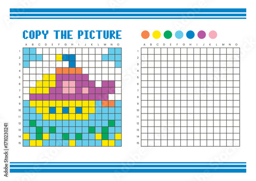 Copy the picture grid drawing worksheet for kids. Pixel art submarine