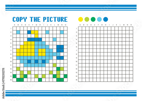 Copy the picture grid drawing worksheet for kids. Pixel art submarine