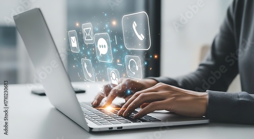 Person Typing on Laptop Keyboard with Digital Communication Icons, Online Networking and Customer Service Concept.