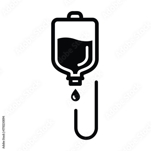 Black and white icon of an IV drip bag with liquid slowly infusing into a medical tube, symbolizing healthcare and treatment.