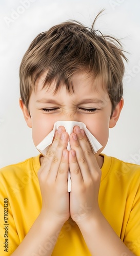 A young boy, with a concerned expression, uses a tissue to blow his nose, showcasing a close-up portrait of illness and care.