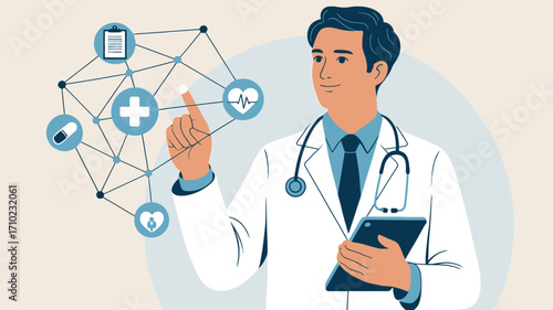 Doctor pointing at medical icons with tablet in his hand