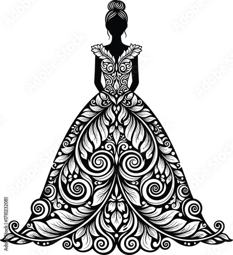 Elegant woman silhouette in ornate floral gown, decorative vintage dress design, stylish feminine fashion vector illustration, intricate wedding art pattern