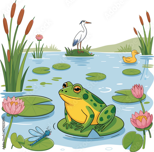 Cartoon frog sitting on lily pad in pond with lotus flowers, dragonfly, duck, heron bird, nature wildlife scene vector illustration