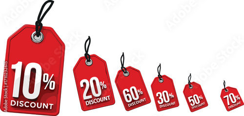 Collection of glossy red discount price tags vector illustration set showing various sale percentages for retail promotions and special offers, with a white background.