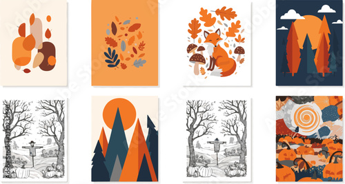 Create a kinds of deferent Artistic autumn vector art with white background.