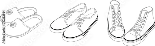 Collection of Outline Footwear Illustrations, Including Cozy Slippers, Classic Low-Top Sneakers, and Stylish High-Top Canvas Shoes, Black and White Vector Art.
