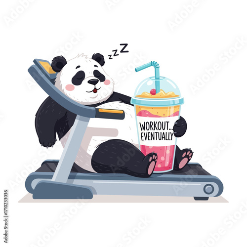 Cartoon panda resting on a treadmill with a smoothie, flat illustration against a white background, showcasing a humorous and relaxed mood.