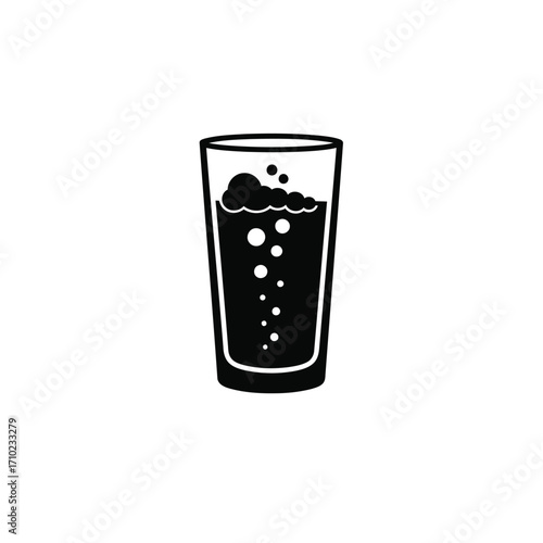 A pint glass of dark fizzy drink with bubbles.