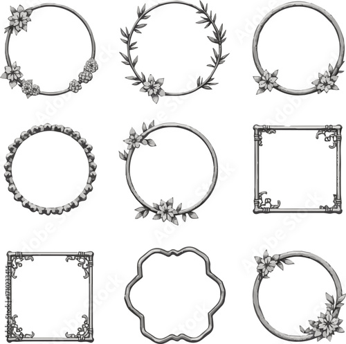 Create a kinds of deferent Black and white Japanese frame set vector art with white background.