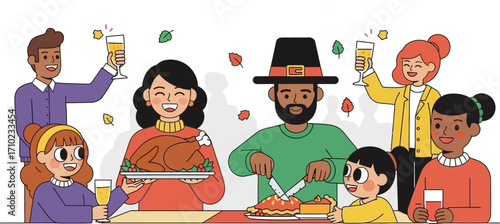 Diverse family celebrating Thanksgiving, carving a roasted turkey and pie, with cheerful expressions, illustrated in a flat style against a white background.