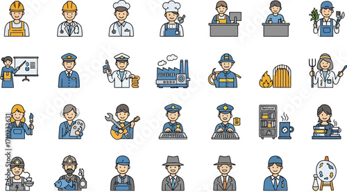 Flat lay illustration of diverse professionals;  doctors, chefs, mechanics, and police officers;  depicted in a colorful, minimalist style against a white background.