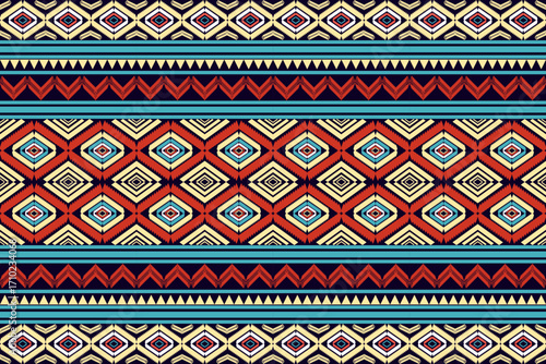 Seamless ethnic tribal geometric pattern with diamond shapes in red, blue, and beige tones. Traditional ikat inspired textile design for fabric, wallpaper, background, and decoration