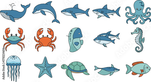 Flat-lay illustration of various ocean animals in teal and blue tones against a white background, including a whale, dolphin, sharks, octopus, crab, seahorse, and