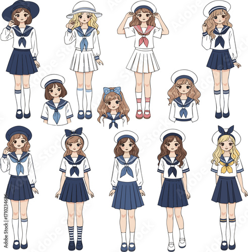 Create a kinds of deferent collection of cute girl sailor suit character illustrations can be combined with vector materials vector art with white background..
