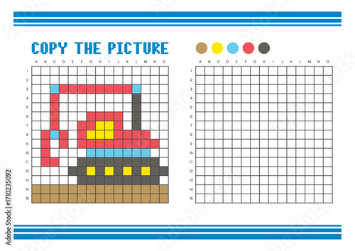 Copy the picture grid drawing worksheet for kids. Pixel art grapple excavator
