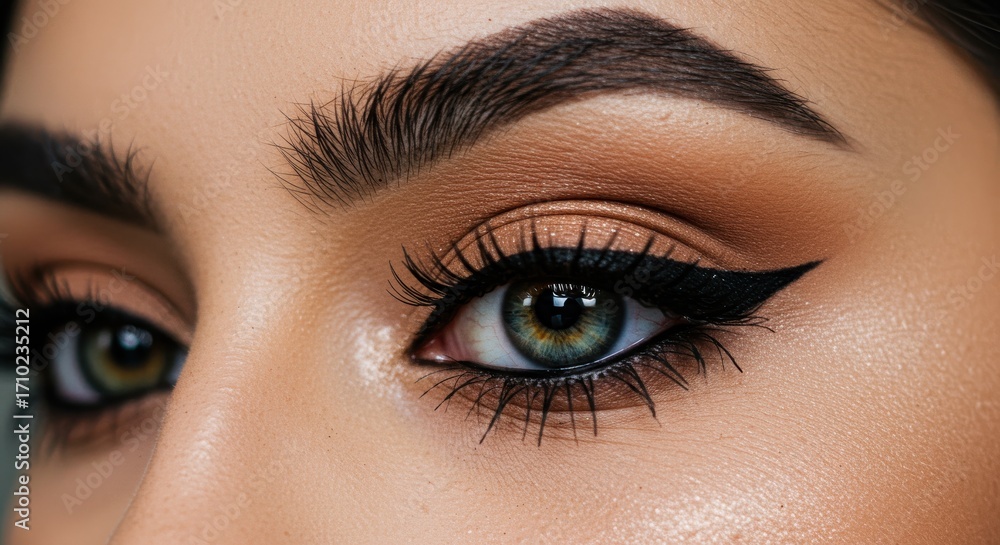 Obraz premium Close-up view of a woman's eye with striking makeup, featuring intense eyeliner and highlighted complexion.