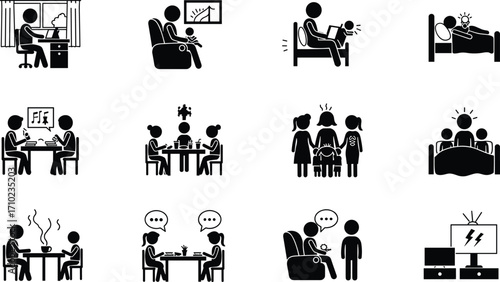 Family daily life activities icons, people working, parenting, eating, sleeping, talking, relaxing, communication, technology, lifestyle silhouette vector illustration