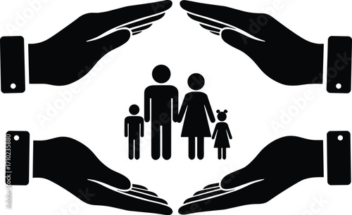 Family protection symbol with parents and children surrounded by protective hands, safety insurance concept illustration, secure care, health support design