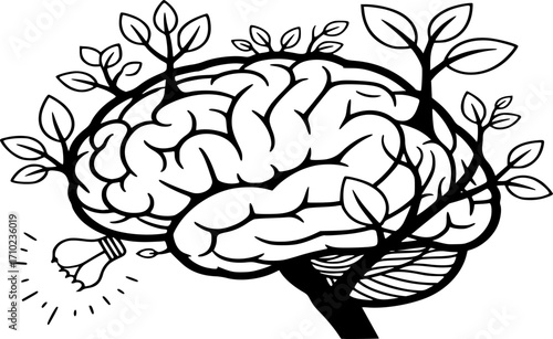 Thinking Mind Icon. Eco Conscious Brain and Environmental Idea in Line and Solid Vector Style