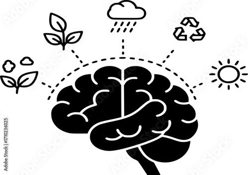Thinking Mind Icon. Eco Conscious Brain and Environmental Idea in Line and Solid Vector Style