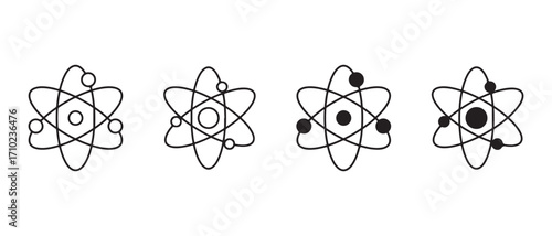 Set of atom icons. isolated on white background representing science and physics.