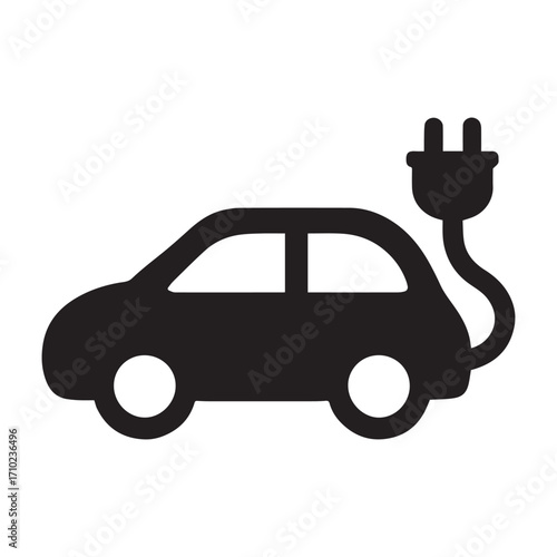 Silhouette of a black electric car with a charging plug and cable on a white backdrop