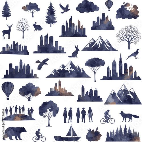 Create a kinds of deferent Freely combinable watercolor monochrome silhouettes vector art with white background.