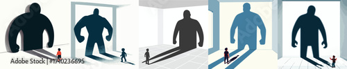 A little boy tries to fight his fearful shadow. Vector, illustration, icon set