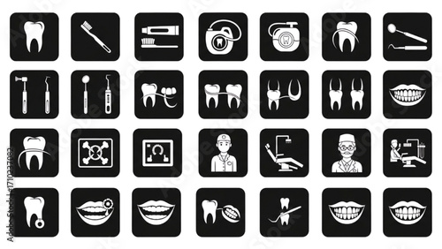 Dental Icon Set – Various Tooth and Oral Care Icons on White Background