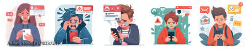A teenager holds a cell phone and cries because of cyberbullying, with a malicious message notification on the screen. Vector, illustration, icon set
