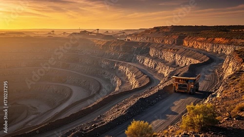Massive open-pit mine with a large haul truck operating on a terraced road during a dramatic golden sunset