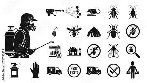 High-Quality Silhouette Icon Set – Pest Control and Exterminator Icons, Spraying, Rodents, Insects, and Bugs