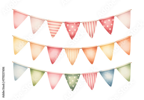 Cartoon party flags in pastel colors. Birthday decoration bunting clipart for kids.
