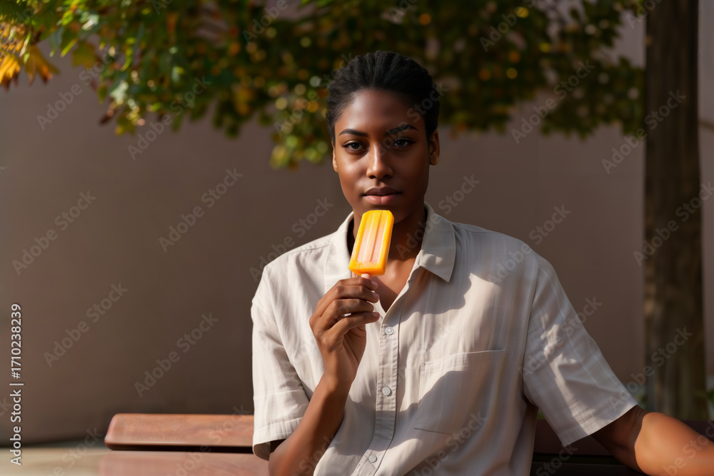 Fototapeta premium A young Black woman holds a yellow popsicle outdoors on a sunny day.