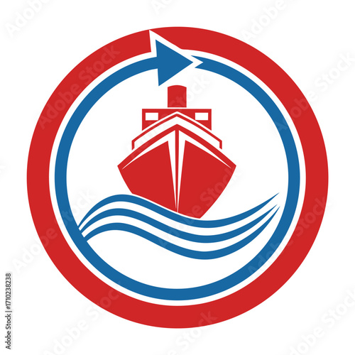 Red and Blue Ship Logo with Circular Arrow and Waves