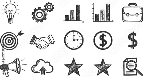 Create a kinds of deferent Handwritten monochrome business icon set vector art with white background