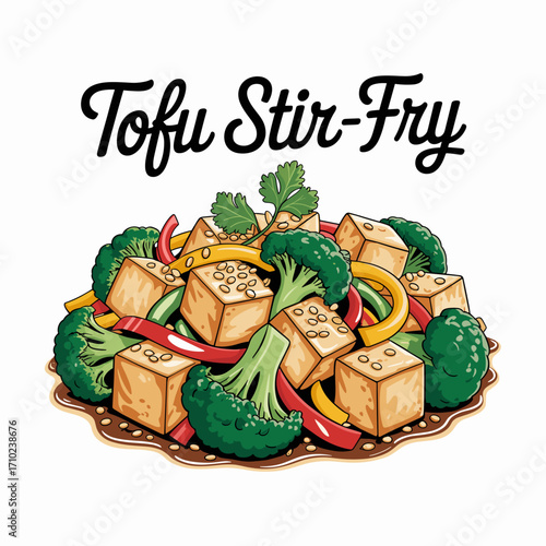 Tofu Stir Fry with Broccoli and Bell Peppers Illustrtion