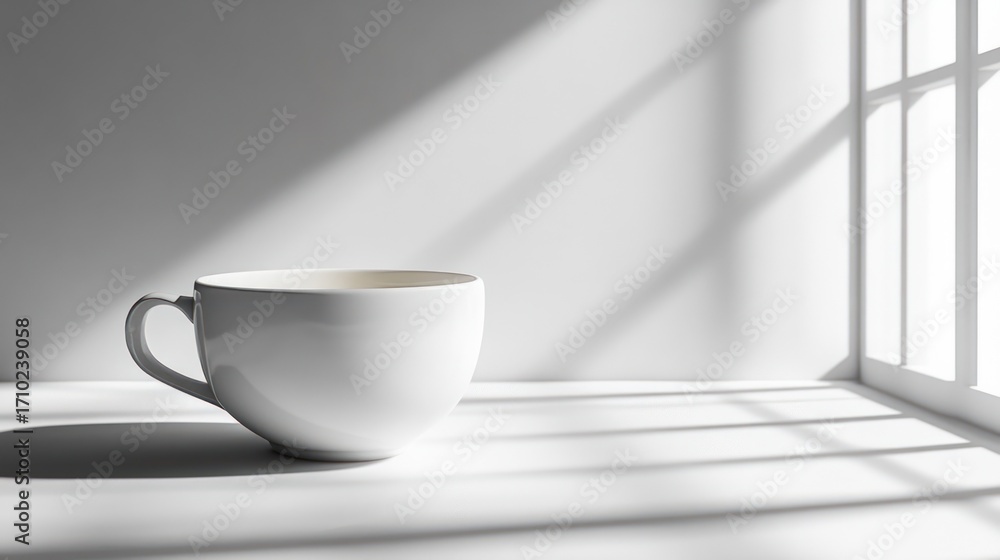 Obraz premium Empty white coffee cup on a white surface by a window
