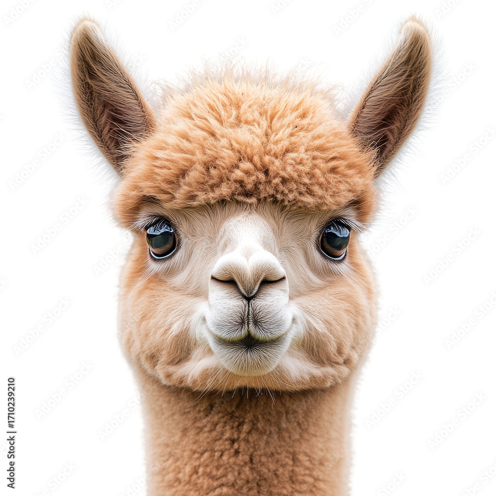 Obraz premium Portrait of a cute baby alpaca front view isolated on transparent background.