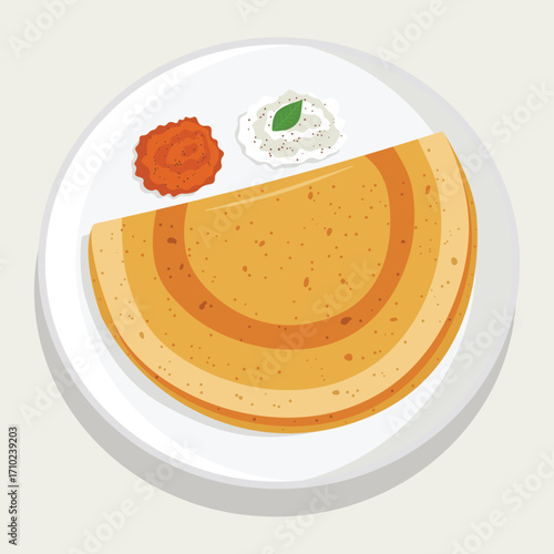 vector flat color of Dosa or rice crepe is a crispy Indian pancake made from fermented rice batter and served with chutneys