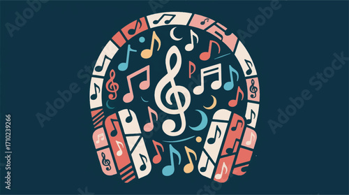 Illustration Of Headphones Surrounded By Notes Vector Design Template