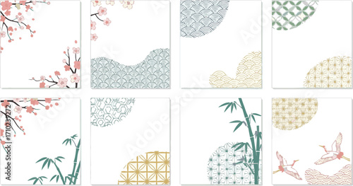 Create a kinds of deferent Japanese-style background with a lot of white space vector art with white background.