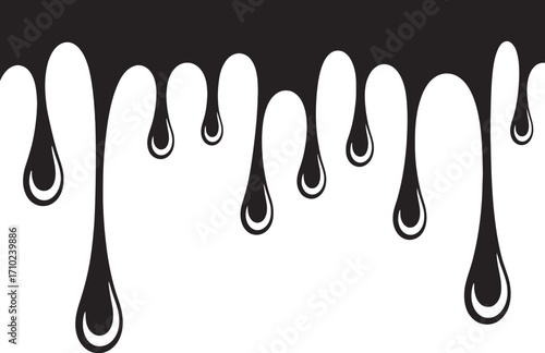 Abstract black liquid dripping down on white background, creating a dynamic and fluid effect.