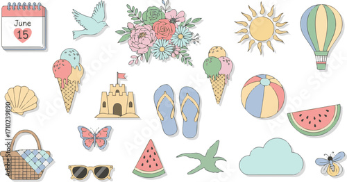 Create a kinds of deferent Pastel colored June vector art with white background.