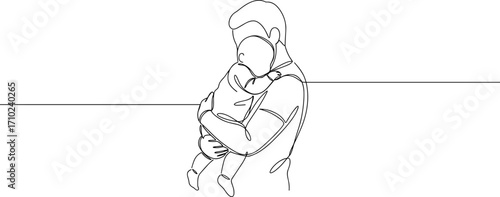 Father holding baby, continuous line art, parenthood love illustration, family bond minimal drawing, modern design concept, parental care vector