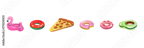 Cartoon inflatable toys. Colorful swimming rings and mattress, rubber water summer pool funny swimming accessories, flamingo, pizza and ball, watermelon and donut, vector flat isolated gradient set
