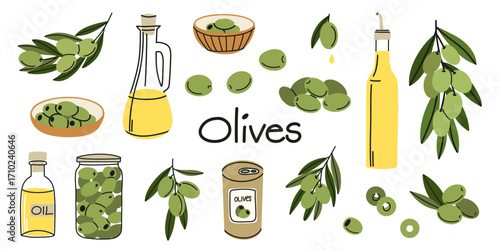 Olive products. Oil and canned berries in can, glass bottle on plate, branches with leaves, premium quality, extra virgin, healthy cooking ingredients. Vector cartoon flat style isolated illustration